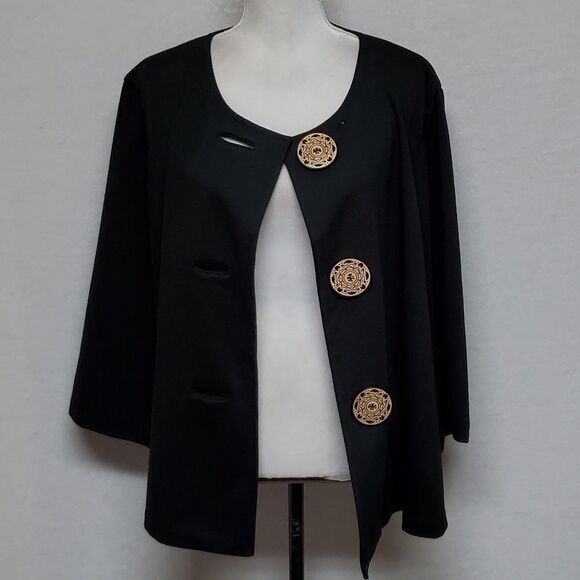 VINTAGE Black Large Button Scoop Neck Flare Sleeve Lightweight Swing Coat - Picture 10 of 10